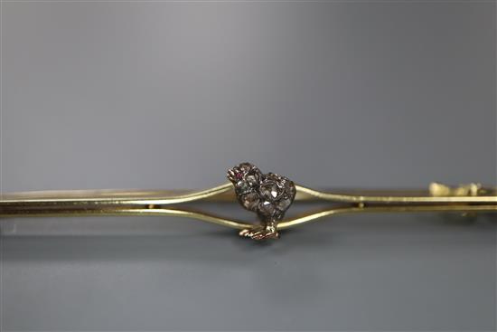 An early 20th century yellow metal and rose cut diamond set chick bar brooch, 65mm, gross 5 grams.